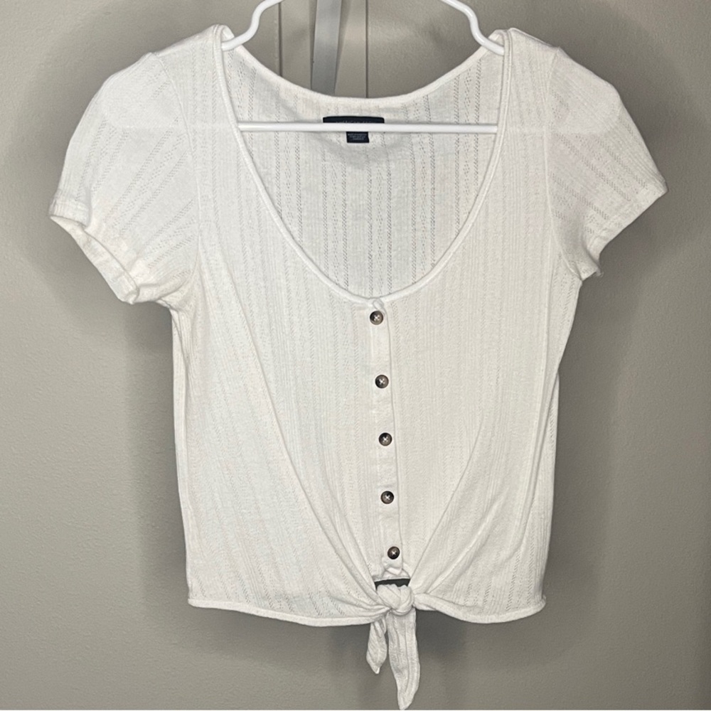 American Eagle Outfitters White Tie-Front Short Sleeve Top